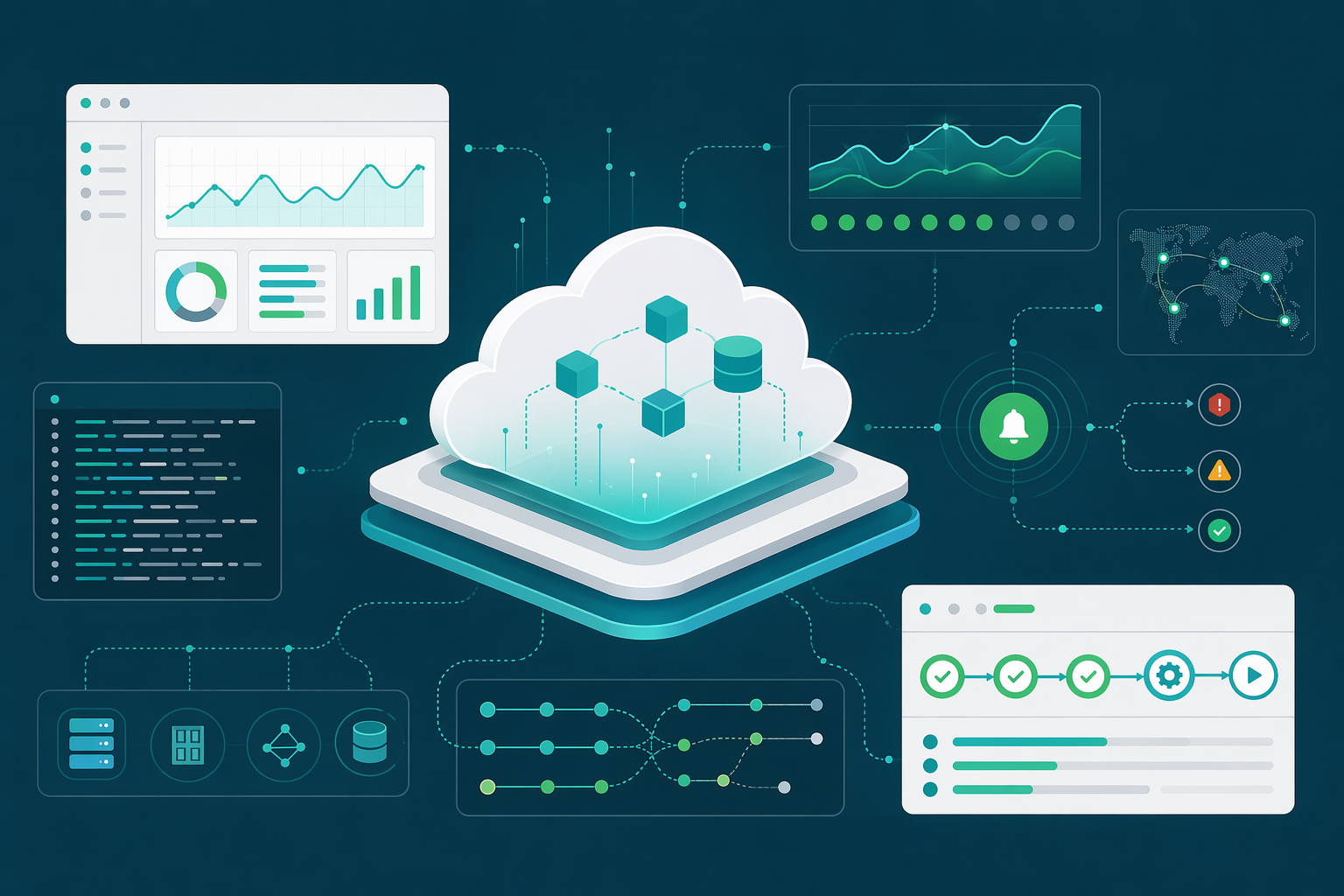 Illustration de supervision cloud Azure Monitor avec métriques, logs, alertes et tableau de bord de run
